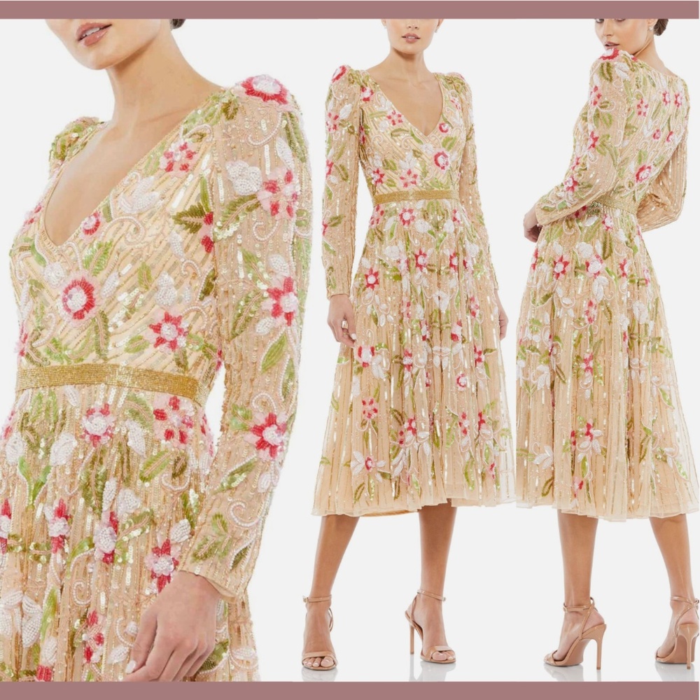 NWT $598 Mac Duggal [ 2 ] Long‎ Sleeve Floral Beaded Midi Tea Dress Nude